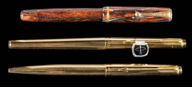 A Parker Moderne fountain pen, circa 1935: blue/ brown marble with 14k broad nib,