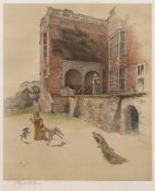 ALDIN, Cecil : [1870-1935] - A girl playing with pet dogs, and a peacock on a lawn,