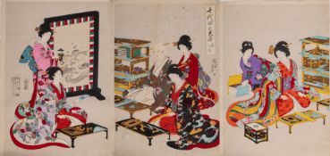 TOYOHARA CHIKANOBU : unmounted triptych titled : Chiyoda no ooku, uta-awase, publisher: Fukuda,
