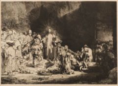 REMBRANDT : 3 etchings one signed and dated in the plate - Death bed scene, two featuring Christ.