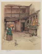 ALDIN, Cecil : [1870-1935] - Terrier, lady in green cobbled courtyard.