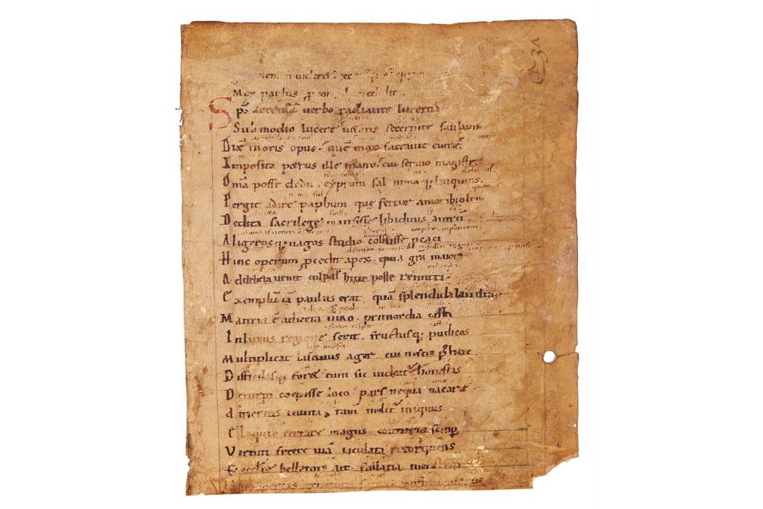 Leaf from an early copy of Arator, De Actibus Apostolorum, in Latin verse, with an apparently un - Image 1 of 2