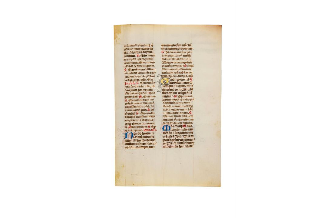 Leaf from a Breviary, with parts of Feast of St. Mary Magdalene, in Latin, illuminated manuscript - Image 1 of 2