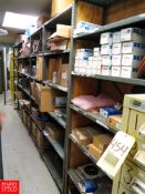 Sections of Metal Shelving with Contents to Include: Belt Clips, Assorted Plastic Conveyor Belts,