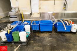 Pallets of Assorted S/S Pipe Fittings, Flanges, Valves, Clamps, Bowls, Kitchen Utensils, Hoses, Etc.