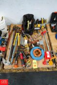 Pallet of Hand Tools to Include Fish Tapes, Line Stripers, Grease Guns, Oil Cans, Bolt Cutters, Hose