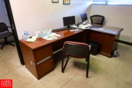 Remaining Contents of (2) Offices to Include (4) Desks, (5) Chairs, (1) 3-Tier Steel Wire Rack, (
