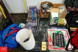 Pallets of Building Supplies & PPE Equipment to Include Safety Signs, Castor, Vinyl Door Stripes,