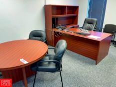 L-Shaped Desk, White Board, Round Table, Chairs and Lateral Files Rigging Fee: $ 125