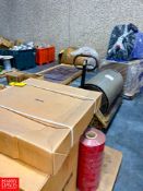Assorted New and Other ULINE 21 Gallon Waste Drum, Fan Pedestals, Pallet Jack, Boiler Stack, Motors,