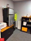 U-Shaped Desk, Book Case, Round Table, Chairs, Refrigerator, Lateral Files and White Board Rigging