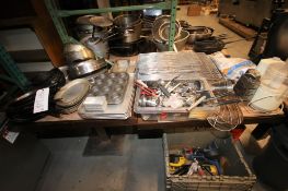 Large Assortment of Pots & Pans, Glasses,Heaters, Scale, Food Processor, Laddles, Silverware,