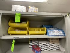 CONTENTS OF SHELF INCLUDING VARIOUS LAB SUPPLIES, TEST TUBES, DISPOSABLE TRIERS AND MORE.