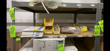 CONTENTS OF SHELF, ASSORTED CHART RECORDER COMPONENTS, CHARTS, ARM PENS (ON SECTION 