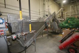 Incline Cleated Conveyor, with S/S Infeed Hopper & Top Slicing System, Belt Dims.: Aprox. 16' L x