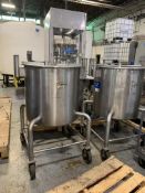 (2) 50 GALLON S/S PORTABLE TANKS WITH HINGED LIDS, MOUNTED ON CASTERS