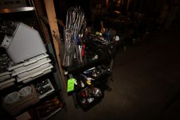 Plastic Cart of S/S Silverware & Misc., Includes S/S Knives, Tongs, Cheese Shredders, Spoons,
