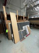 ASSORTED WOOD AND POLYCARBONATE SHEETS, INCLUDES TABLE AND WOODEN STORAGE RACKS (Non-Negotiable