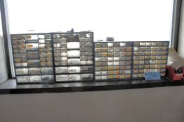 Lot-Various Organizer Bin Cabinets with Electronics Contents on Window Ledge