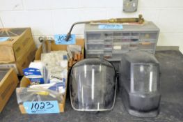 Lot-Welding Tips, Accessories, Helmets, etc. in (2) Boxes and (1) Organizer Bin Cabinet
