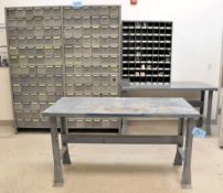 Lot-(2) Work Benches, 2-Section Bin Drawer Cabinet with Hardware Contents and (1) Open Bin Cabinet