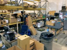 Lot-(2) Desks, (2) Chairs, (1) Work Bench, (1) Section Shelving, etc