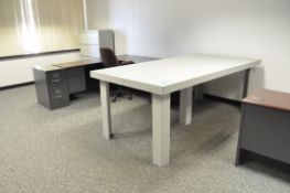 Lot-(4) Desks, (4) Chairs, (3) File Cabinets, and (2) Layout Tables, (Phone Not Included)