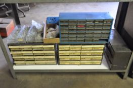 Lot-Various Hardware in (4) Organizer Bin Cabinets Under (1) Bench