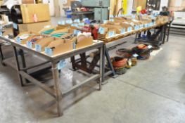 Lot-(2) Steel Tables, (2) Steel Work Horses with Wood Table Top