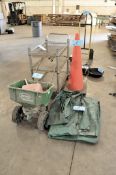 Lot-(1) Scotts Spreader, (1) Wire Shelving Cart, (1) Pylon, and (1) Tarp