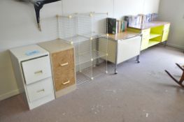 Lot-(1) Desk, (1) Portable Cabinet, (2) Short File Cabinets and Wire Shelving Unit