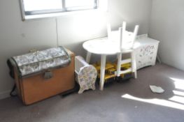 Lot-Child's Table, Chairs, Toys, and Suitcase