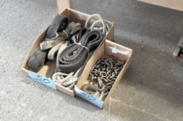 Lot-Rope, Cloth Lifting Straps and (1) Chain in (2) Boxes Under Bench