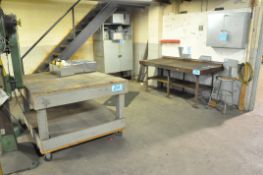Lot-2-Door Cabinet Stand with Galvanized Bins, (2) Work Benches, etc.