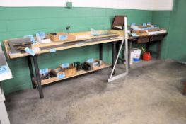 Lot-(2) Benches, (1) Wooden Desk, (2) Stands, (1) Steel Desk, and (1) 2-Door Supply Cabinet