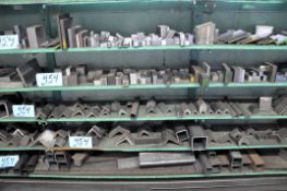 Lot-Small Steel Flat Bar, Angle Iron and Tube Stock on Wall Rack