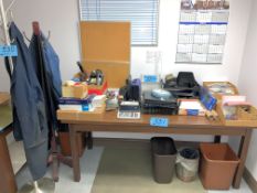 Lot-Various Office Supplies on (1) Table with Waste Cans and (2) Coat Trees