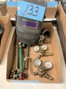 Lot-Various Oxygen/Acetylene Torches, Gauges, Goggles and Welding Helmet in (1) Box