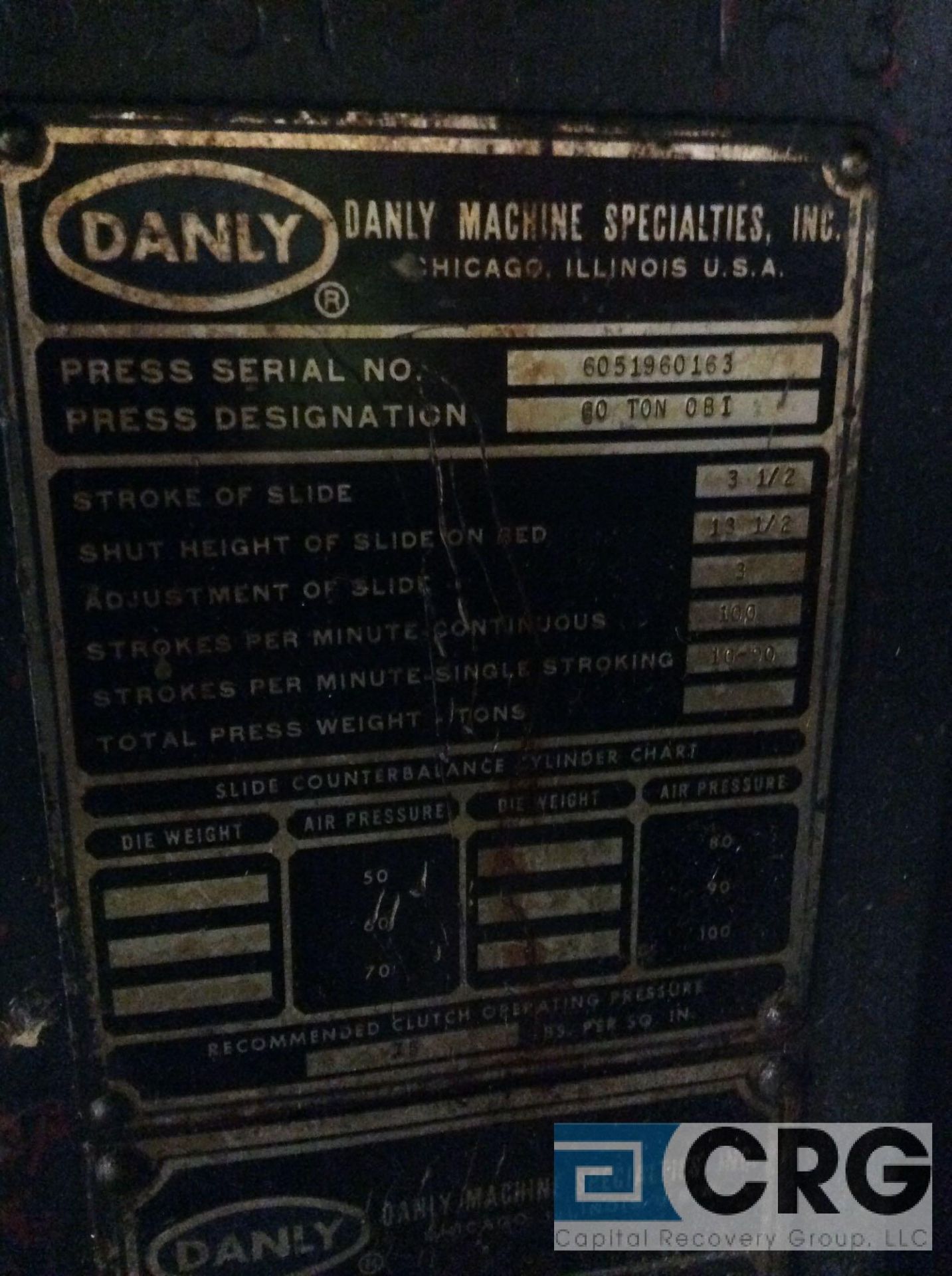 Danly 60:ton press with air clutch, sn 6051960163, 3 1/2 inch stroke, 13 1/2 inch shut height, - Image 3 of 5