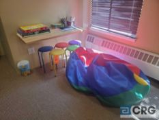 Lot of kids bean bag chairs, stools and asst games and activities
