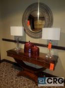 Lot of furniture including 60 inch hardwood accent table, (2) crystal lamps, wall mirror, framed