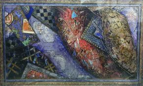 20th century colour print, abstract, in blue and gilt, unsigned, 53cm x 90cm