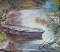 20th century school  Oil on canvas Rowing boat on riverside Unsigned; And a modern painted print