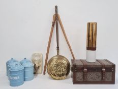 Five vintage enamel metal storage jars, a vintage metal and glass grinder and other items