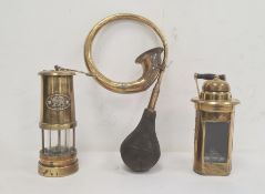 Welsh brass Davey-type miner's lamp, another brass and glass lamp and a brass carved horn (3)
