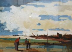 McHugh (?) Oil on board Figures on estuary shoreline Signed lower right 27cm x 37cm