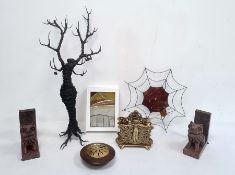 Modern wire tree sculpture, brass letter rack, pair stone temple dog bookends and other items