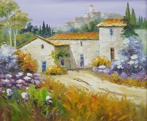 20th century school Pair oils on board Mediterranean landscapes with villas, unsigned (2)