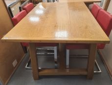 Large oak kitchen dining table, rectangular and on chamfered supports with H-stretcher, 158cm wide