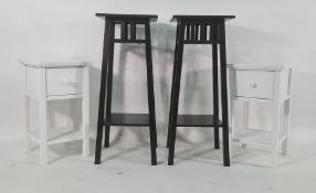 Pair of modern white-finished single drawer bedside tables, two aspidistra stands and two stools (6)